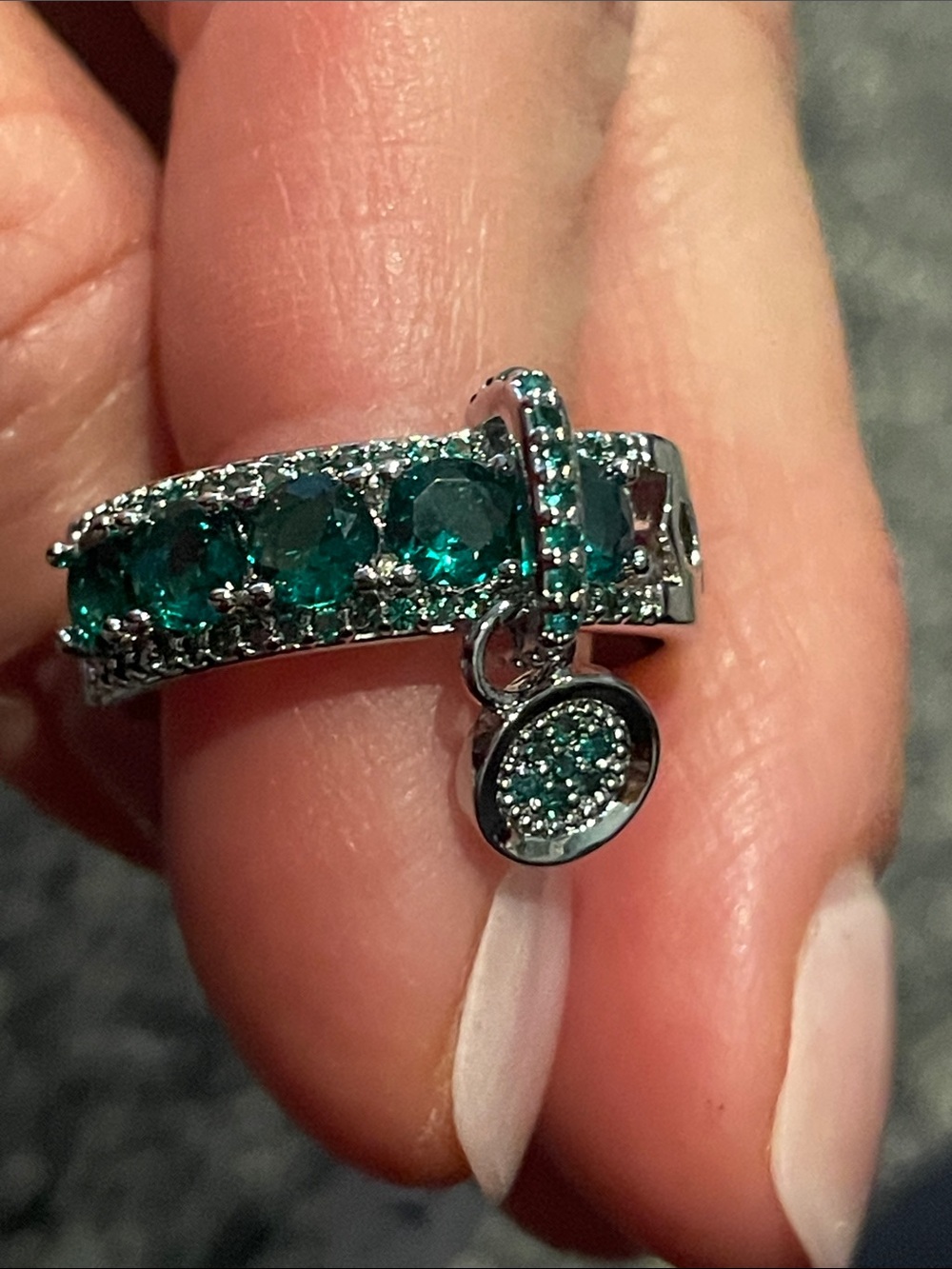 NWT Silver Tone Charm Ring with Green rhinestones sizes 7, 8, and 9 available